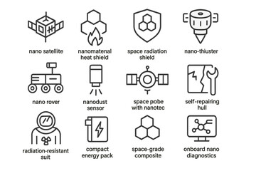 Fototapeta premium Space nanotechnology icons set highlighting nano-thruster and nano satellite
