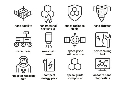 Space nanotechnology icons set highlighting nano-thruster and nano satellite