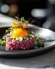 Gourmet Beetroot Tartare with Mango Yolk and Fresh Microgreens