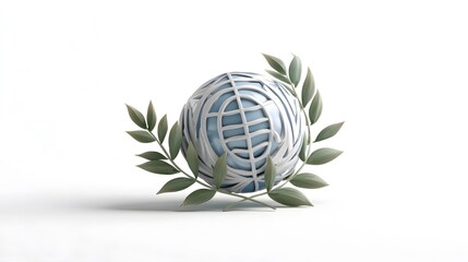 A conceptual 3D image of Earth encircled by leaves. It signifies harmony and environmental sustainability. A beautifully crafted sphere, encircled with delicate green leaves.