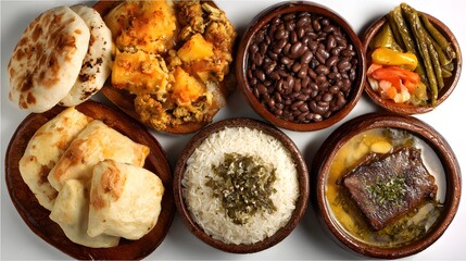 Delicious and hearty meal featuring various dishes, including rice, beans, and meat, served in rustic bowls. Bread is also included