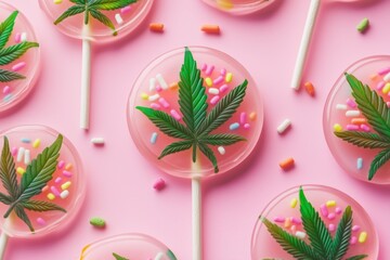 Sweet Cannabis Lollipops with Sprinkles on a Pink Background