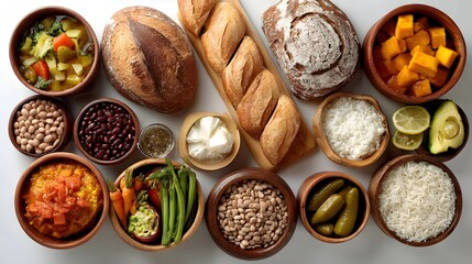 Assortment of bread and different food ingredients in wooden bowls, displayed in an inviting manner