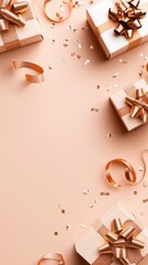 Elegant Gifts and Rose Gold Confetti on a Soft Pink Background