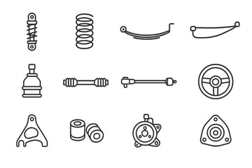 Car suspension and steering parts icon set on dark background