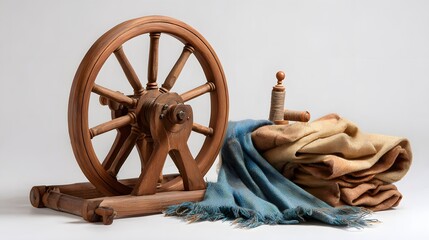 A vintage spinning wheel with blue and brown scarves. This scene evokes a sense of craftsmanship and a rich heritage.