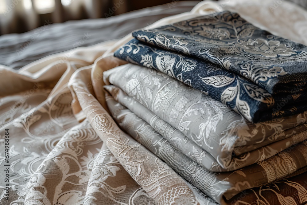 Poster stack of folded fabric showing different colors and patterns, emphasizing variety and quality