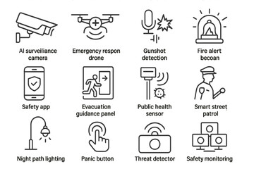 Fototapeta premium Smart city safety: surveillance, drones, sensors, apps, and emergency tools