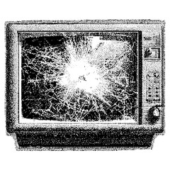 Creepy Halloween old broken tv collage element with vintage stippling photocopy effect. Retro vector illustration for psychedelic surreal poster, with experimental grunge dotted texture