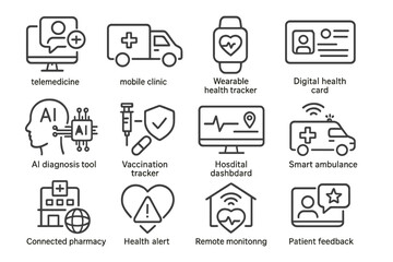 Healthcare technology icons: telemedicine, ai tools, wearable trackers