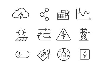Black and white energy-themed icon set on gradient background