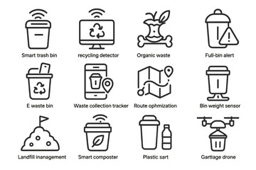 Smart waste management icons: recycling, composting, waste, optimization, alerts