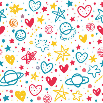 Colorful, playful pattern of hand-drawn stars, hearts, planets, and circles on a white background.  A whimsical and cheerful design