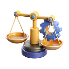 High quality 3d balance scale weighing a gear isolated on white background indicating technical precision and business equilibrium concept