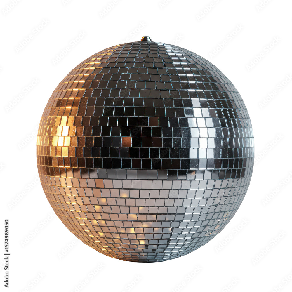 Poster sparkling spherical disco ball covered in polished mirror tiles, intricate geometrical patterns, dyn
