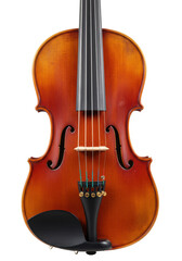 Classic wooden violin, rich brown-red tones, polished, with carved scroll, F-holes, and black chin rest, on a plain transparent studio background with no shadows, pristine display of craftsmanship