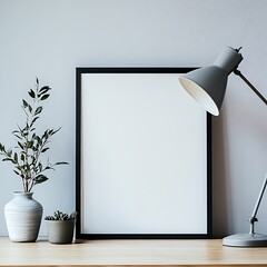 Clean desktop with a black framed mockup on wood, a lamp and green plants creating a minimal, modern scene.