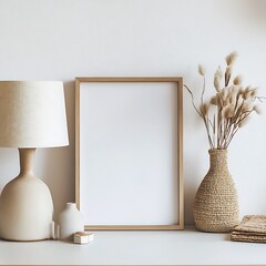 Blank frame mockup displaying bohemian style with a vase, lamp, and minimalist decor, perfect for showcasing artwork or design projects.