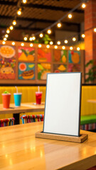 Blank menu card in vibrant restaurant setting with colorful decor  