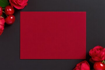 Cherry Coded Red Aesthetic - Blank Invitation Card Centered Among White Roses and Cherries for Elegant Mockups