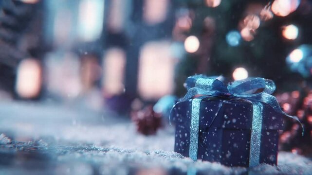 Enchanting Christmas: A Festive Holiday Scene with Wrapped Gift Box, Tree and Snowfall creating a