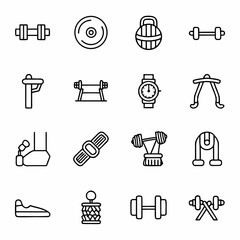 Gym fitness equipment vector icons set dumbbell weight barbell watch and more fitness training workout exercise 100