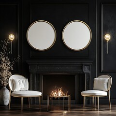 Elegant black living room featuring a fireplace, gold accents, and two circular mirrors for a sophisticated interior design.