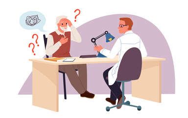 Medical therapy for old people with dementia, Alzheimer diagnosis. Confused senior man talking to doctor about memory problem, professional help for elderly patient cartoon vector illustration