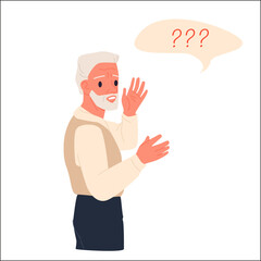 Old sad man holding head in hands in worry and doubt, cognitive problem of forgetful confused elderly patient cartoon. Memory loss problem, diagnosis of dementia in senior people