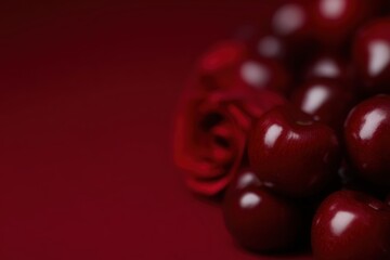 Stacked Dark Cherries on Deep Crimson with Soft Rose Accent – Minimal Romantic Still Life for Valentine’s Promotions & Editorial Food Aesthetic