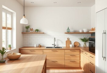 Scandinavian kitchen with chestnut wood grain and ceramic backsplash