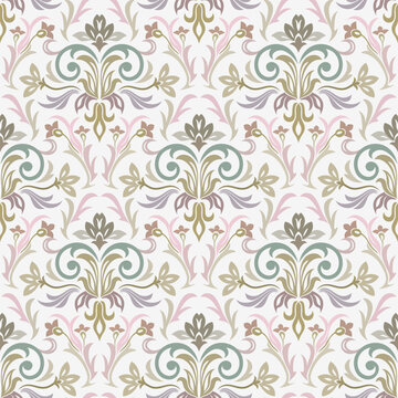 Fototapeta Vintage Floral Arabesque Pattern in soft pastels for classic interior design. Delicate floral damask pattern in muted pinks and greens for romantic and feminine designs. Vector seamless border 
