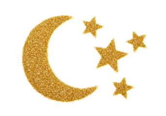 A solitary crescent moon shape and three distinct stars, meticulously formed from shimmering golden grains, isolated on a transparent background with ample copy space, high-end commercial product