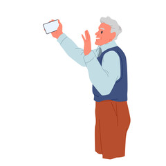 Old man taking self photo or video with mobile app in phone. Male senior person holding smartphone for selfie portrait, active grandfather using cellphone or tablet cartoon vector illustration