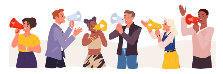 People speak into loudspeaker set. Man and woman diverse group holding megaphone to talk announcement and offer loudly, characters with bullhorns shout information cartoon vector illustration