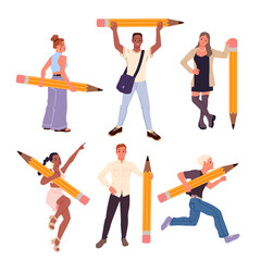 People hold big pencils set. Male and female young characters standing and running with giant tool to study, write and draw, happy students with smile carrying stationery cartoon vector illustration