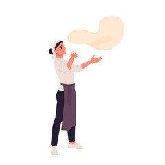 Female pizzaiolo making traditional Italian pizza in pizzeria. Woman in apron of restaurant or bakery uniform, girl standing and tossing dough, flatbread flying in air cartoon vector illustration