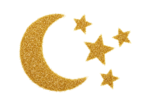 A solitary crescent moon shape and three distinct stars, meticulously formed from shimmering golden grains, isolated on a transparent background with ample copy space, high-end commercial product - Powered by Adobe