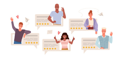 People rate product or service with five stars, good reviews set. Positive customer feedback in social media, characters rate quality with thumbs up and okay gestures cartoon vector illustration