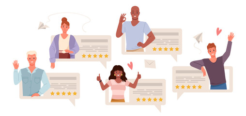 People rate product or service with five stars, good reviews set. Positive customer feedback in social media, characters rate quality with thumbs up and okay gestures cartoon