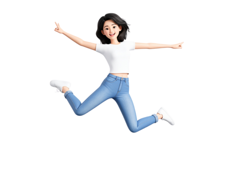 Joyful Cartoon Girl Jumping, Happy, 3D Render, Fashionable isolated PNG