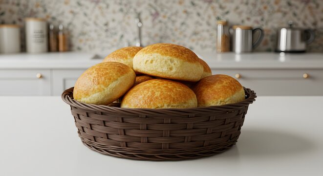 A woven basket of shotis puri with golden crust on a kitchen table