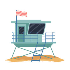 Lifeguards blue tower with flag on metal pole. Coastline and beach building of emergency team, facade with glass window and door, station of rescue duty and life protection cartoon vector illustration