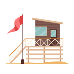 Lifeguards brown wooden tower with red flag on pole. Summer beach house with ladder and big glass window for monitoring people swimming, survival rescue team structure cartoon vector illustration