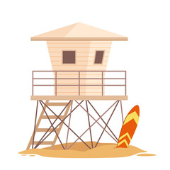 Lifeguards green wooden tower with rescue boat and lifebuoys. Summer beach house with alert bell on rope, first aid emergency equipment to save life of drowning people cartoon vector illustration