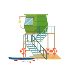Lifeguards green wooden tower with rescue boat and lifebuoys. Summer beach house with alert bell on rope, first aid emergency equipment to save life of drowning people cartoon vector illustration