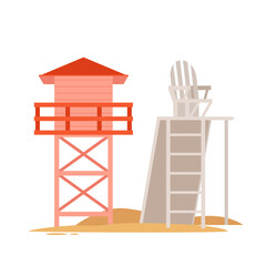 Lifeguards brown wooden tower with red flag on pole. Summer beach house with ladder and big glass window for monitoring people swimming, survival rescue team structure cartoon vector illustration