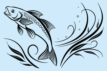 Elegant black fish silhouette gracefully swimming to the right