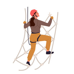 Girl climbing up net obstacle in rope park, extreme challenge. Active outdoor adventure and discipline training of young woman wearing safety harness belt and helmet cartoon vector illustration