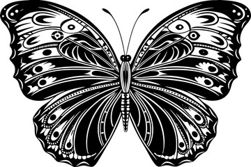 Detailed symmetrical butterfly silhouette with intricate wing patterns in vibrant colors